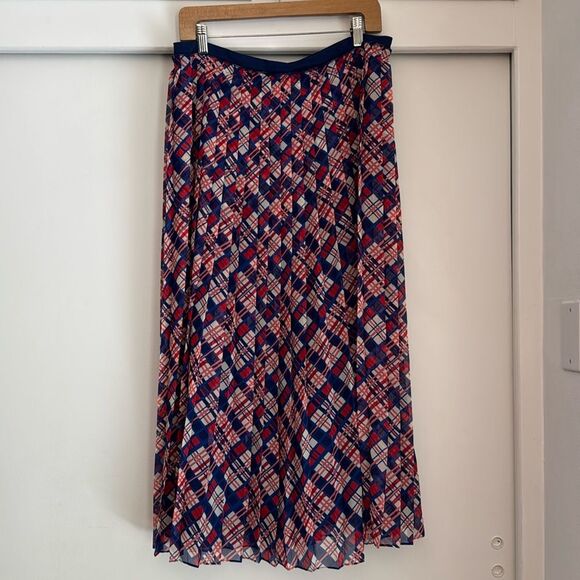 LK Bennett Avery Navy Red Plaid Printed Pleated Midi Skirt Size 12 - Picture 1 of 5